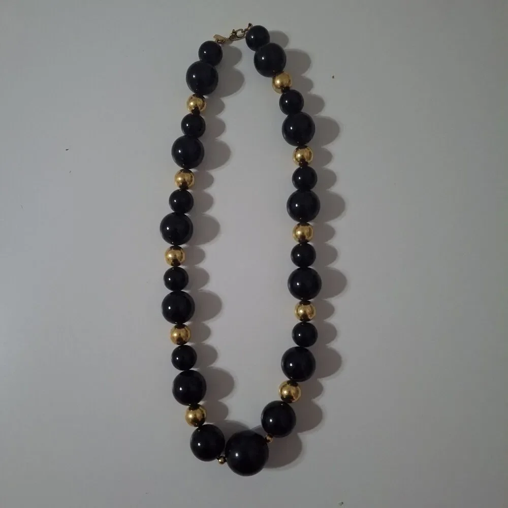 Monet Gold Tone Chunky Round Black Beaded Statement Necklace Mod Vintage